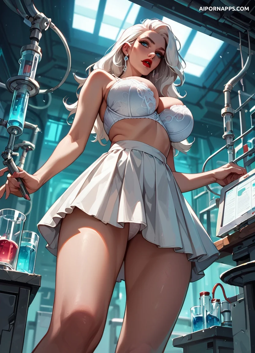 Busty blonde anime babe in skimpy lingerie skirt teases in sci-fi lab.