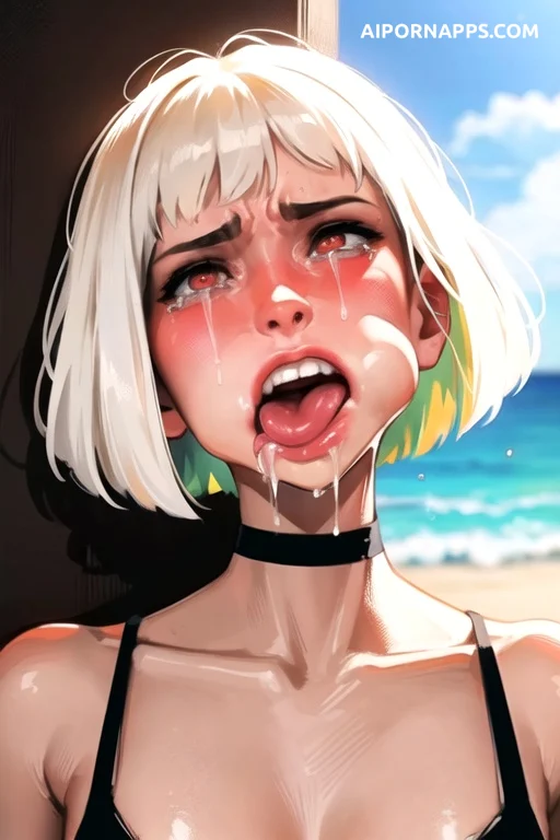 Anime blonde ahegao face with drooling tongue, shiny bikini body outdoors, seductive tears.
