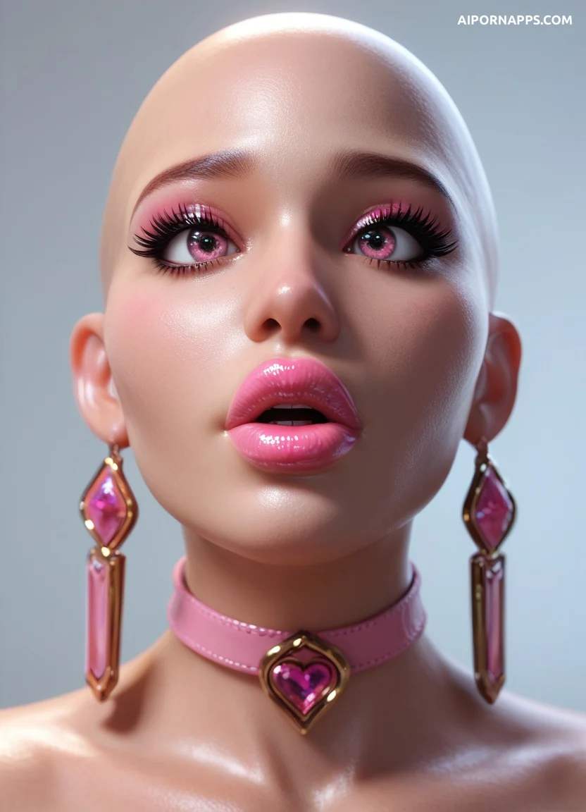 Bald bimbo girl with glossy pink lips, heavy makeup, choker, seductive gaze.