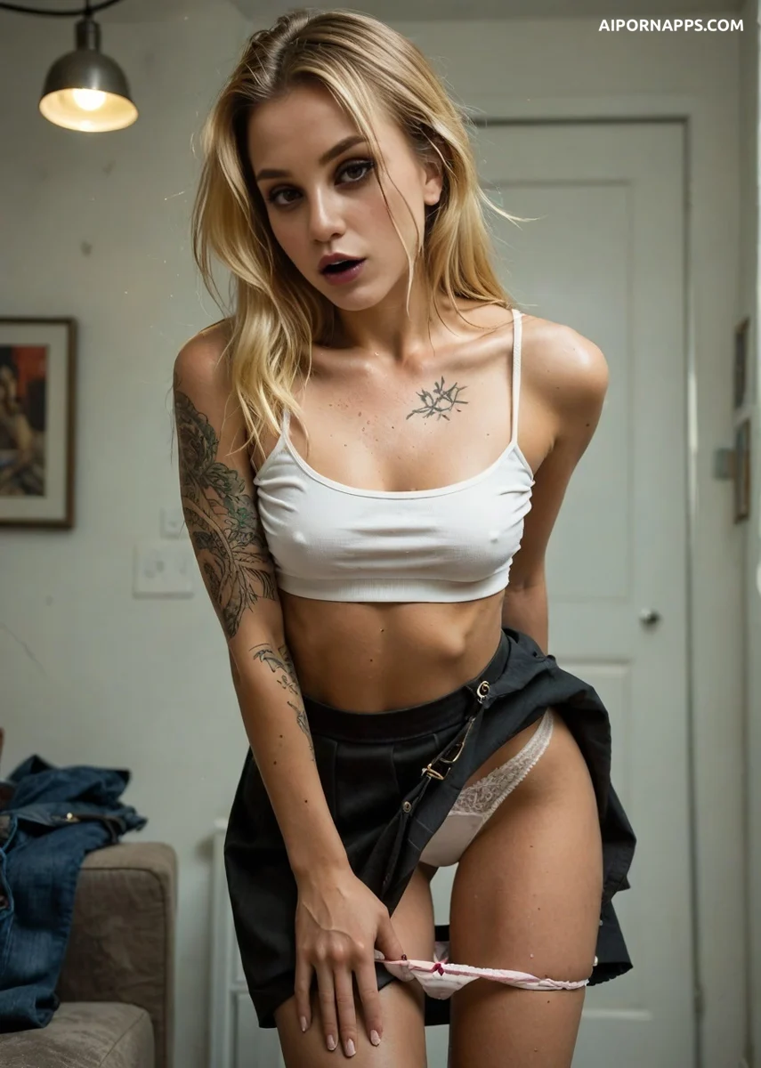 Blonde tattooed babe lifts skirt flashing pink panties in bedroom tease